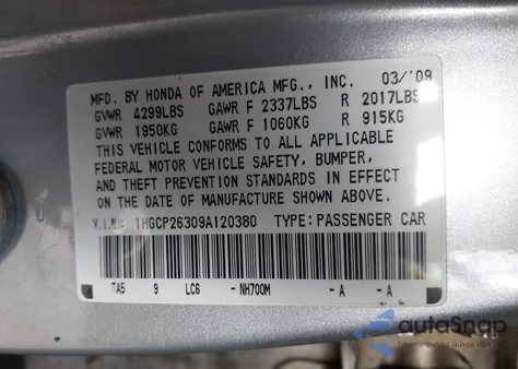2009 Honda Accord 2.4 Lx z USA, uszkodzony, nr VIN 1HGCP26309A120380